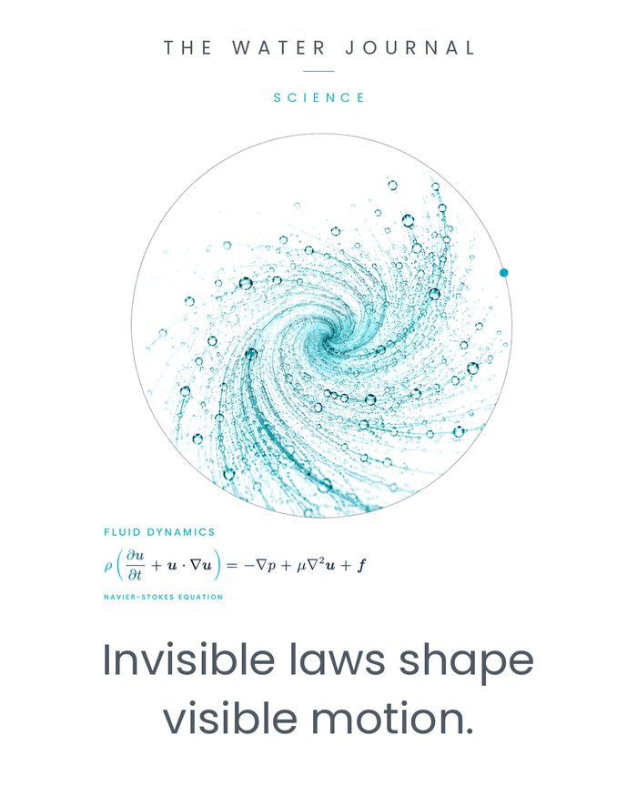 A turquoise spiral of water droplets inside a thin circle, above the Navier–Stokes equation