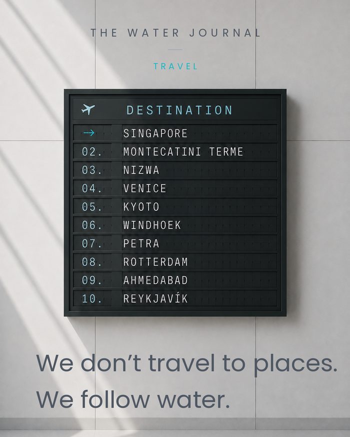 A departure board listing Singapore, Montecatini Terme, Nizwa, Venice and Kyoto